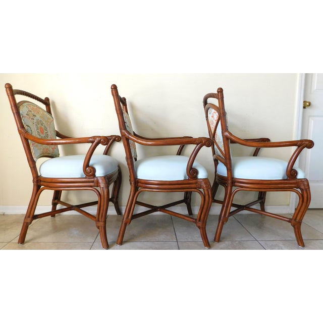 Set of 3 Palecek Rattan Barley Twist Upholstered Accent Arm Chairs For Sale In West Palm - Image 6 of 12