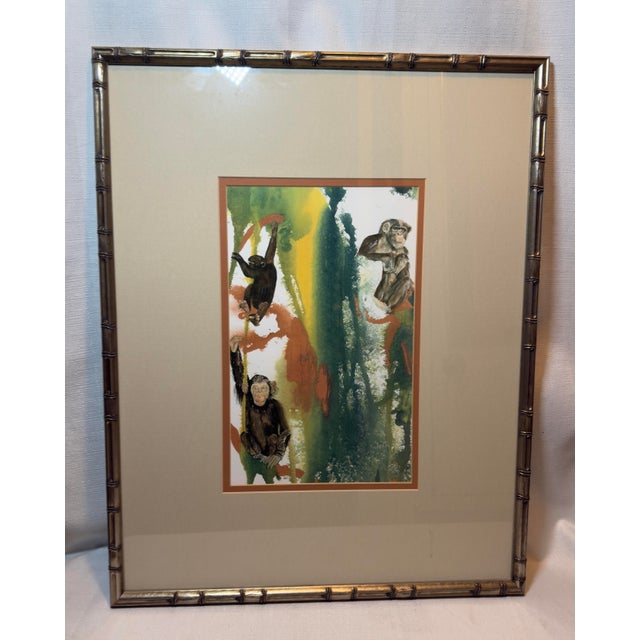 Figurative Late 20th Century Artist Signed Water Color Monkey Art -a Pair For Sale - Image 3 of 12