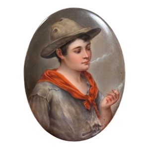 19th-Century German Hand Painted Marble Plaque Portrait of Boy Smoking
