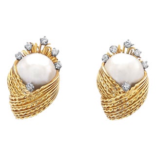 15mm Mabe Pearl & Diamond 14k Gold Retro Era Lever Back Earrings, Pair For Sale