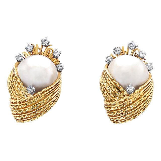 15mm Mabe Pearl & Diamond 14k Gold Retro Era Lever Back Earrings, Pair For Sale