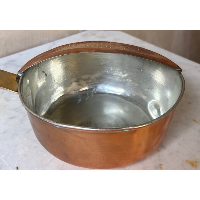 Farmhouse Vintage Tinned Copper Pot With Strainer & Brass Handle For Sale - Image 3 of 9