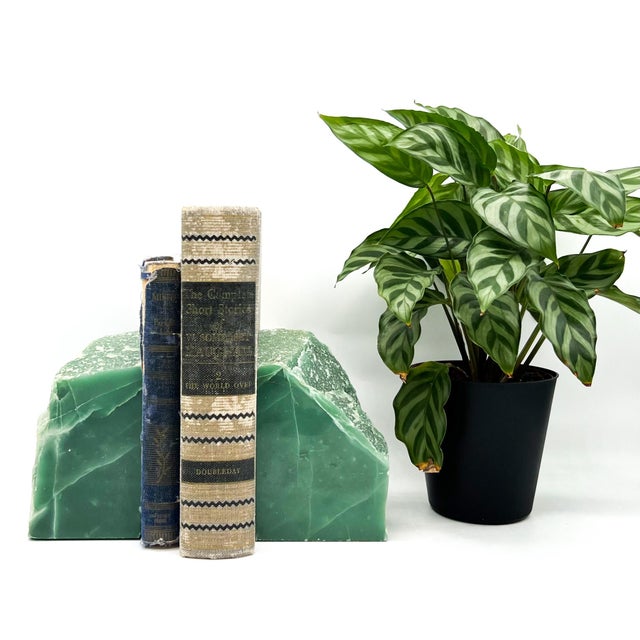 Striking pair of mid to late 20th century green onyx bookends with rich tonal variation and soft, layered veining....