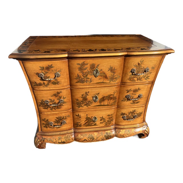 Vintage Hand-Painted Chinoiserie Serpentine Three-Drawer Chest For Sale