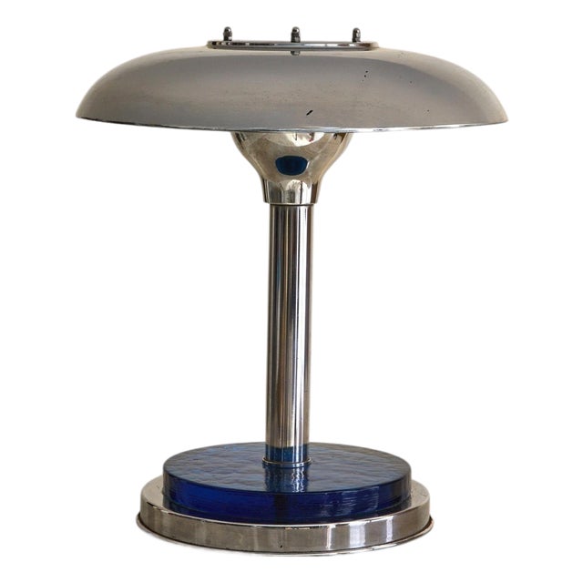 French Art Deco Chrome + Cobalt Glass Table Lamp, 1950s For Sale