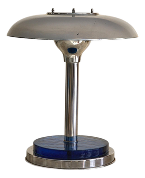 French Art Deco Chrome + Cobalt Glass Table Lamp, 1950s