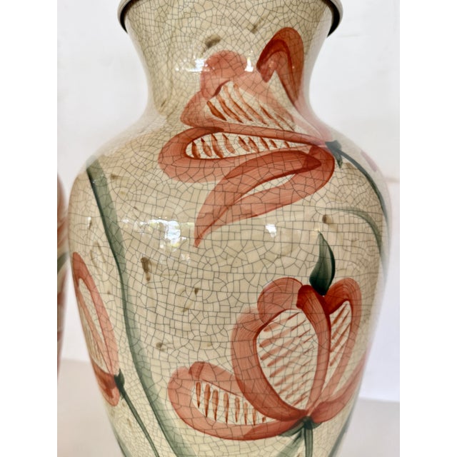Ceramic Pair of Ceramic Table Lamps With Hand Painted Flowers & Crackle Finish on Metal Stands. For Sale - Image 7 of 9