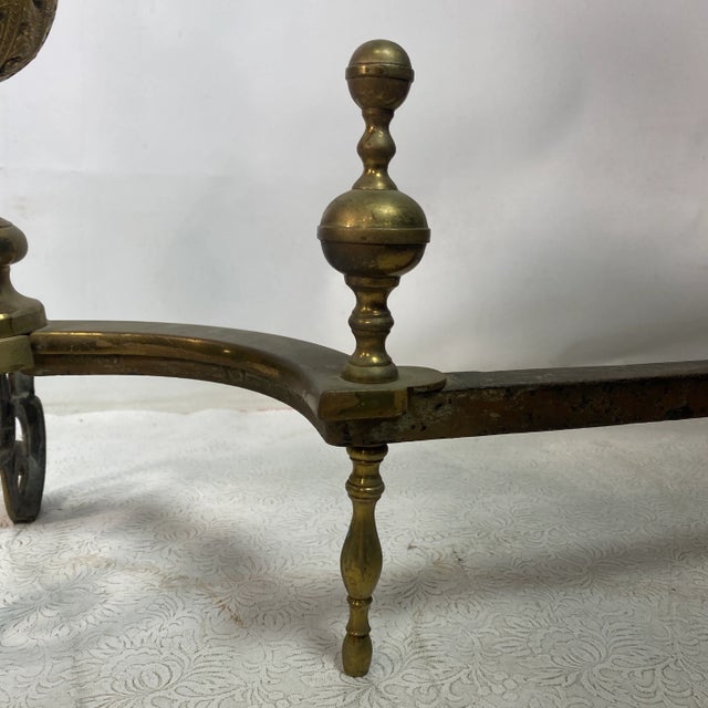Antique Pair Quality Gold Gilt Brass Pierced Floral Design Andirons For Sale In New York - Image 6 of 11