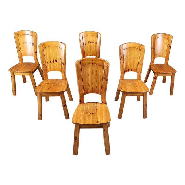 Vintage Pine Wood Dining Chairs, 1970s, Set of 6 For Sale