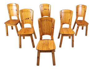 Vintage Pine Wood Dining Chairs, 1970s, Set of 6