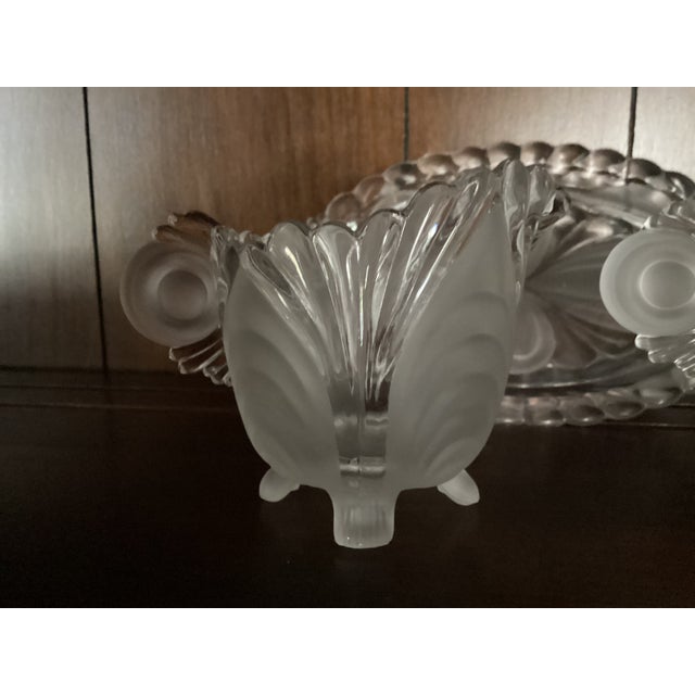 1940s 1940s LaLique Inspired Art Deco Design, Scrolls and Seascapes, Satin and Clear, Cream, Sugar on Tray - Three Piece Set For Sale - Image 5 of 6