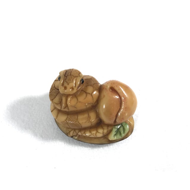 1980s 1980's Chinese Netsuke Style Coiled Snake /Serpent Carving With Long Life Peach For Sale - Image 5 of 5