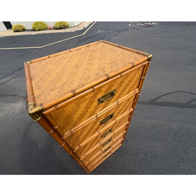 Wood Vintage Faux Bamboo Rattan Campaign Style Lingerie Chest Dresser For Sale - Image 7 of 10