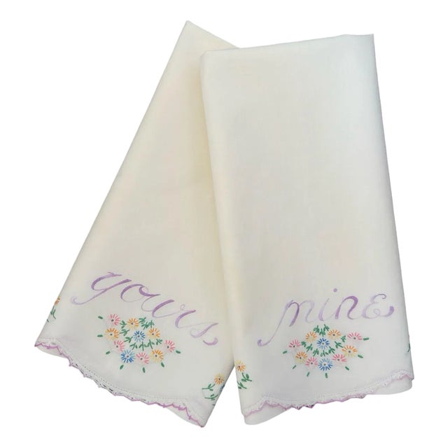 Vintage 1950s Mine and Yours King Size Pillowcases, Hand Embroidered Bridal Linen, Hand Crocheted Scalloped Edge, Heirloom Cotton - a Pair For Sale