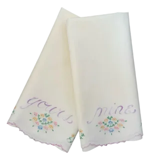 Vintage 1950s "Mine & Yours" King Size Pillowcases – Hand-Embroidered Bridal Linen Pair With Hand-Crocheted Scalloped Edges | Heirloom Cotton
