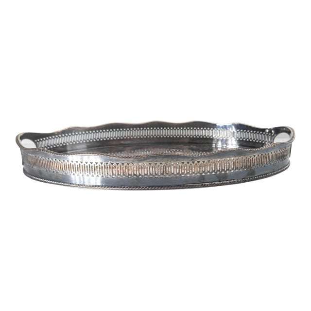 Mid-Century English Sheffield Silverplate Drinks Serving Tray With Gallery in Victorian Style For Sale