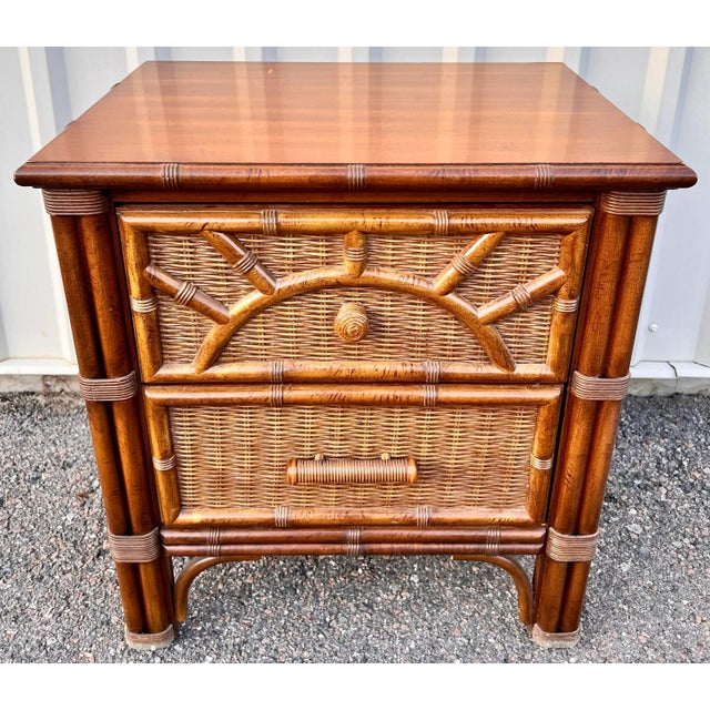A lovely coastal and boho chic nightstand, side table, or bedside table. comprised of a dark stained but natural wicker...
