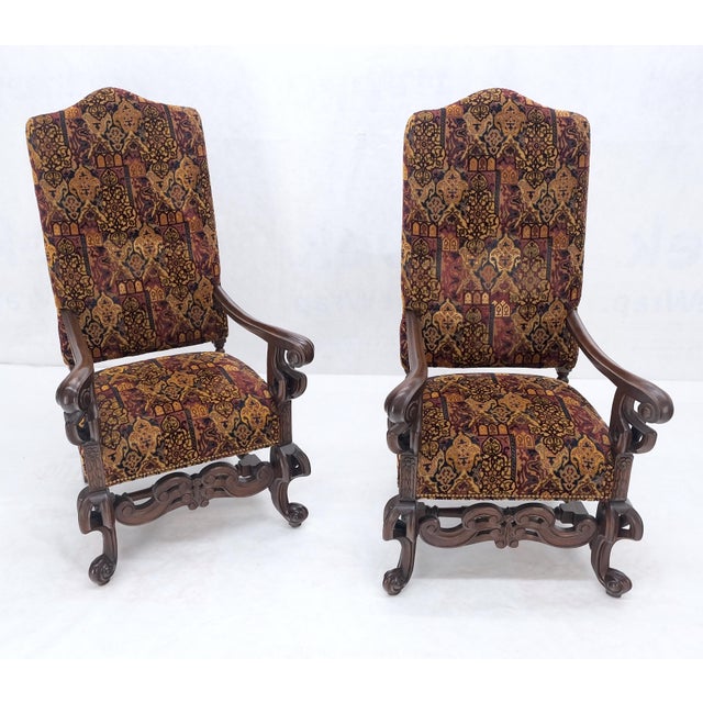 Pair Gothic Oversized Heavily Carved Walnut Arm Chairs Tall Back Thrones MINT! For Sale - Image 10 of 13