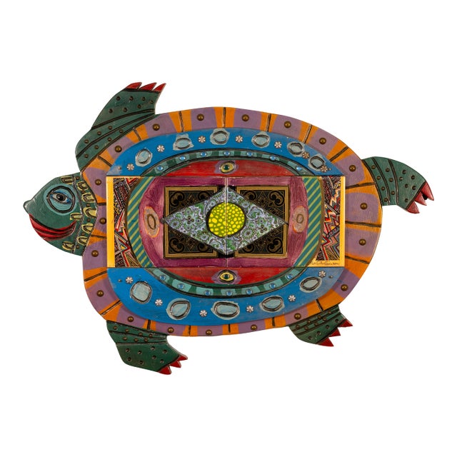 Pat Custer Denison Mixed Media Hanging Folk Art Turtle For Sale