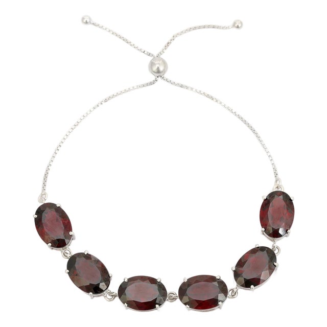Bochic Red Garnet Gemstones Bolo Adjustable Bracelet in 925 Solid Silver For Sale