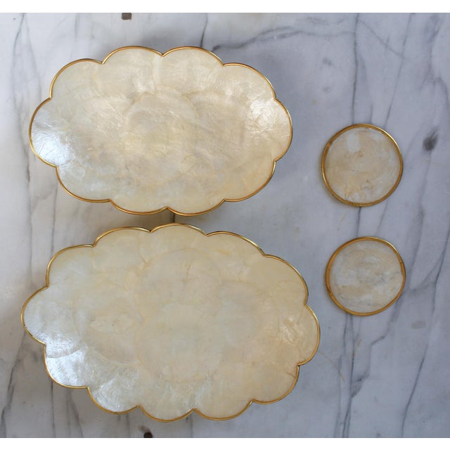 Vintage Capiz Shell Trinket Trays & Coasters W/ Gold Scalloped Edges For Sale In Milwaukee - Image 6 of 8