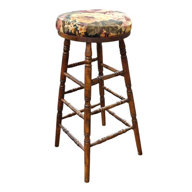 Wood Pair Mid 20th Century Turned Walnut and Upholstered Barstools For Sale - Image 7 of 8