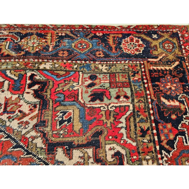 Vintage Persian Heriz Rug, Hand-Knotted Wool, Geometric Medallion Pattern, Red & Navy, 9x12 For Sale In Chicago - Image 6 of 18
