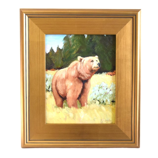 Cabin Brown Bear in Forest Landscape Painting Including the Antiqued Gold Wood Frame For Sale - Image 3 of 7