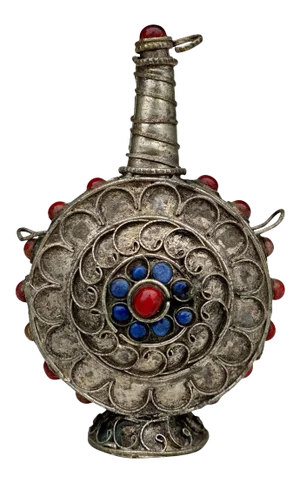 Antique Tibetan Silver Plated Inlaid Gem Snuff Bottle