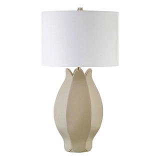 Matthew Izzo Home Mae Beige Glaze Ceramic Table Lamp With Brass Accents and Shade For Sale