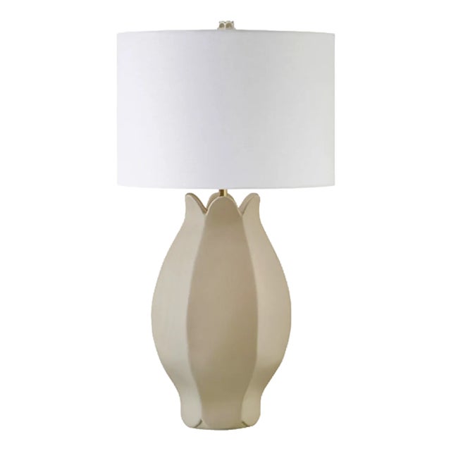 Matthew Izzo Home Mae Beige Glaze Ceramic Table Lamp With Brass Accents and Shade For Sale