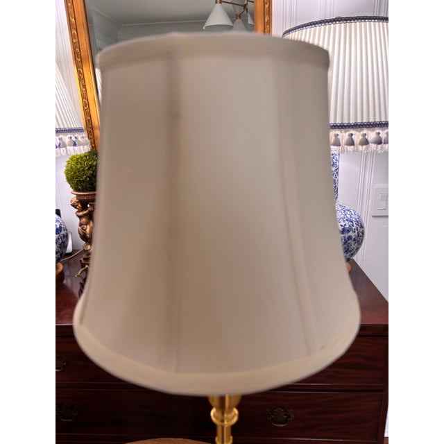 Metal Contemporary Ralph Lauren Brushed Gold Tall Buffet Lamps With Off White Silk Shades, a Pair For Sale - Image 7 of 9