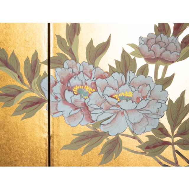 Wood "White Peony", Japanese Late Showa Era Painted Byobu Screen For Sale - Image 7 of 18