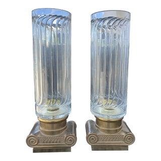 1970's Cut Crystal and Brass Ionic Column Hurricane Candle Holders - a Pair For Sale