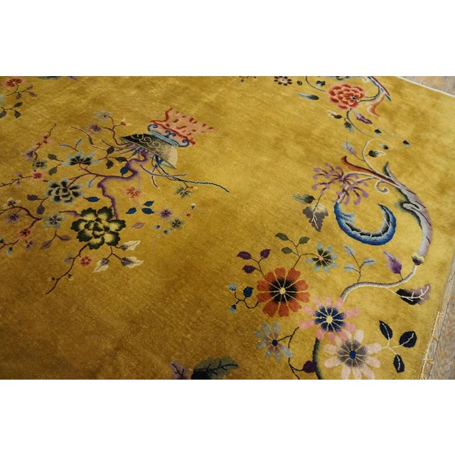 Saffron 1920s Yellow Saffron Floral Vase Antique Chinese Art Deco Carpet 8'8" X 11'4" Knotted Wool Rug For Sale - Image 8 of 13