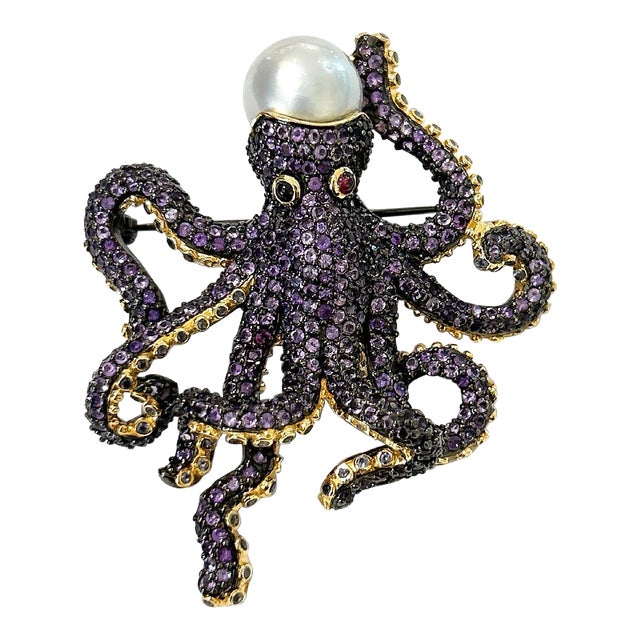 Bochic “Orient” Retro Pink, Purple Amethyst & Pearl Brooch in 18k Gold & Silver For Sale
