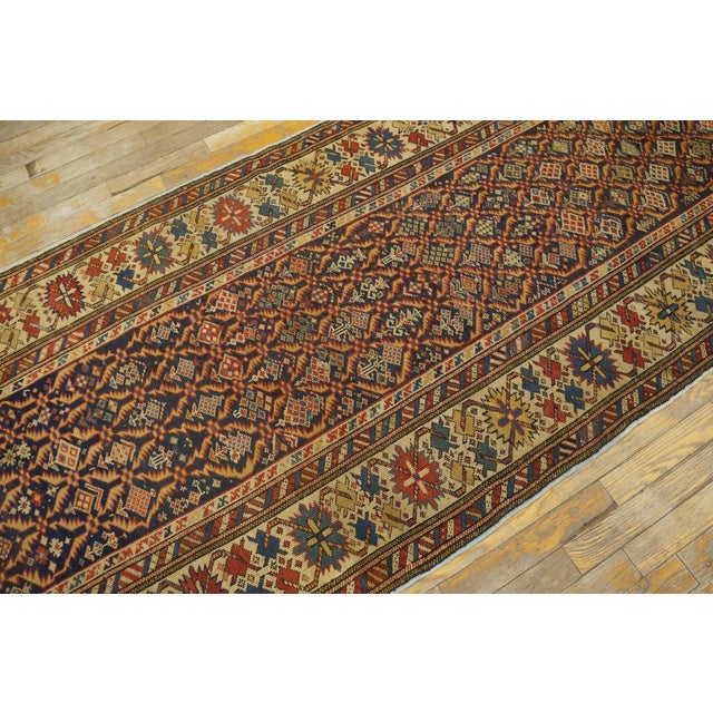 1890s Blue Navy Geometric Antique Caucasian Shirvan Runner Carpet 3'3" X 9'3" Handknotted Wool Rug For Sale - Image 10 of 14