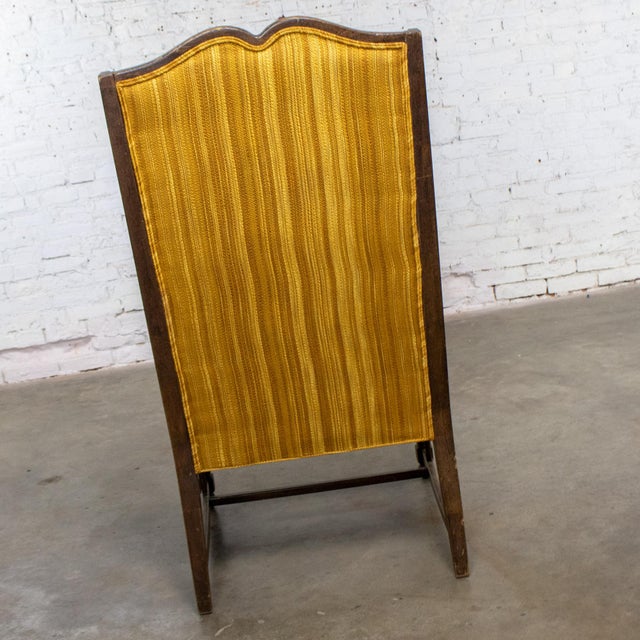 Mid-20th Century Rustic Colonial Style High Wingback Fireside Chair Oak Frame Gold Stripe Fabric For Sale - Image 9 of 18