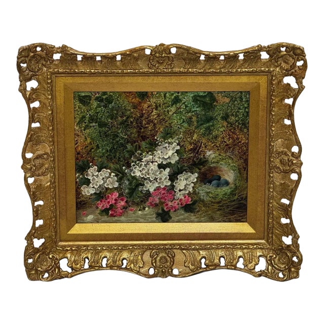 Antique Victorian Still Life Oil Painting by Oliver Clare, Signed Floral Blossom & Bird’s Nest With Blue Eggs, c.1880, Ornate Gilt Frame For Sale