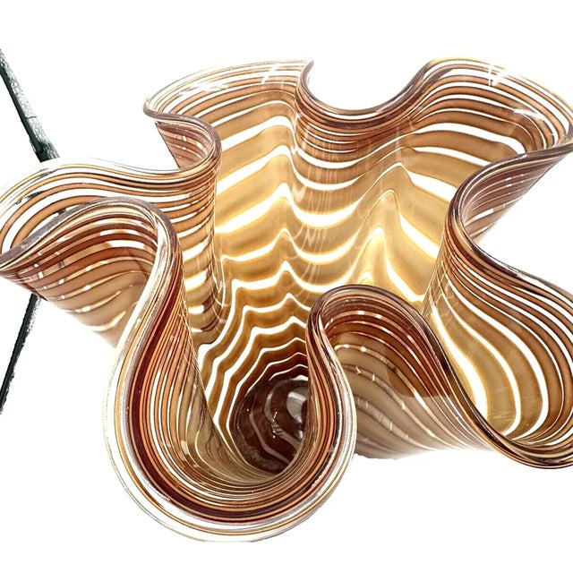 Hand-Blown Vintage Italian Murano Chocolate Brown Ribbon Glass Vase Exquisitely crafted, this vintage Murano art glass...