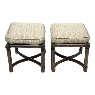 Vintage McGuire Leather Wrapped Rattan Bamboo Ottomans Stools - a Pair For Sale