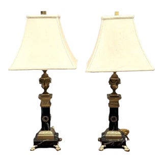 Pair of Hollywood Regency Bronze and Marble Table Lamps, Corinthian Column Form For Sale