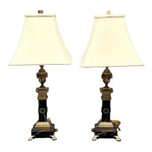 Pair of Hollywood Regency Bronze and Marble Table Lamps, Corinthian Column Form