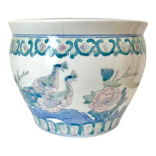 Vintage Chinese Famille Rose Fishbowl Planter With Peacocks For Sale