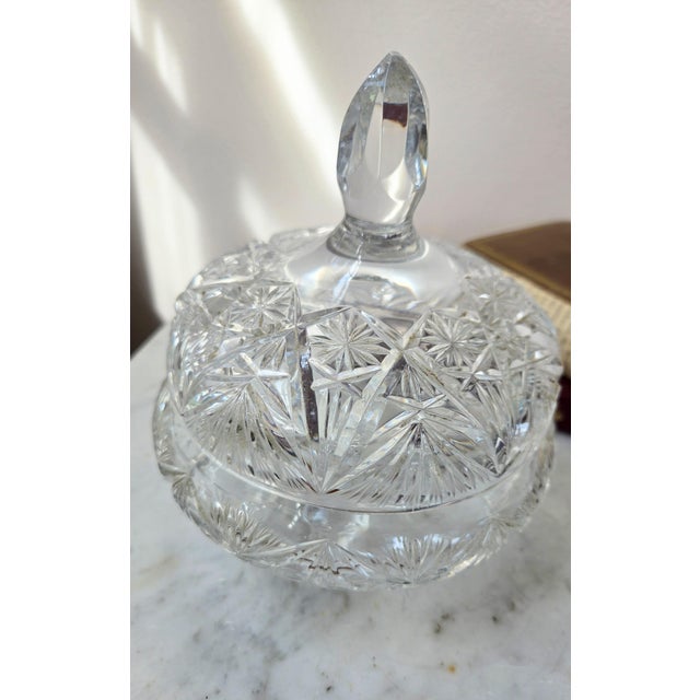 English Vintage Cut Lead Crystal Footed Covered Compote For Sale - Image 3 of 16