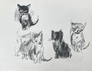 Charcoal on Paper Drawing of a Darling Group of Kitten by Artist Francis Chapin