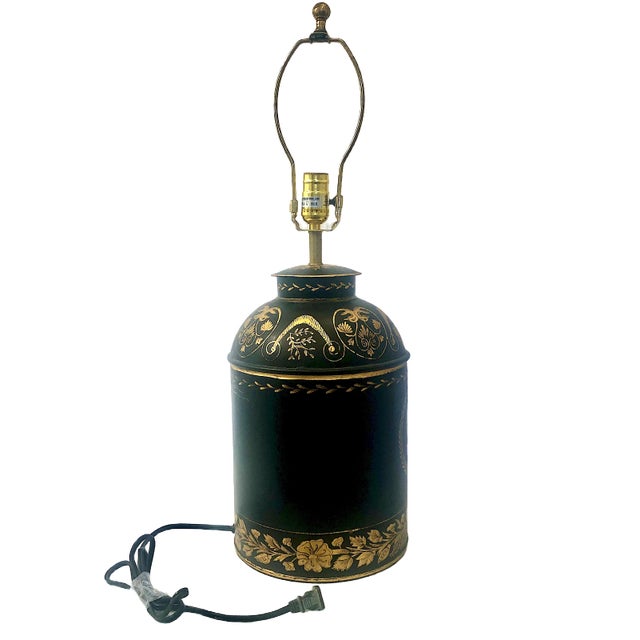 Mid 19th Century Antique Tole Brown and Gilt Decorated Tea Canisters as 20th-Century Lamps - Pair For Sale - Image 5 of 13