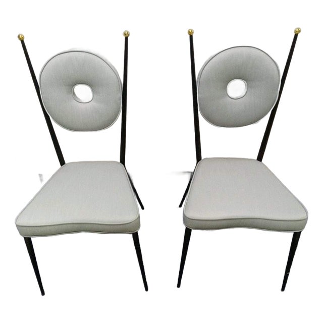 Pair of Jonathan Adler Rondo Dining Chairs in Tussah Sky Fabric For Sale