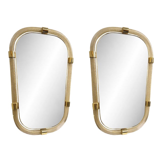 Pair of Italian Murano Glass Wall Mirrors in Gold Leaf “Torciglione” Venetian Design For Sale