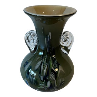 Art Glass Trumpet Vase Bulbous Body Clear Swirled Hands For Sale